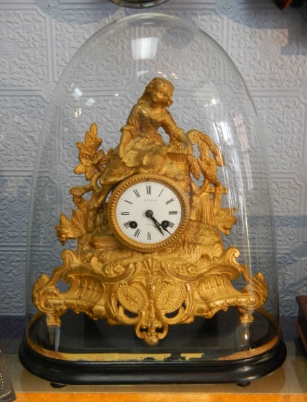 Clocks For Sale French Gilt Spelter Mantel Clock Under Glass 